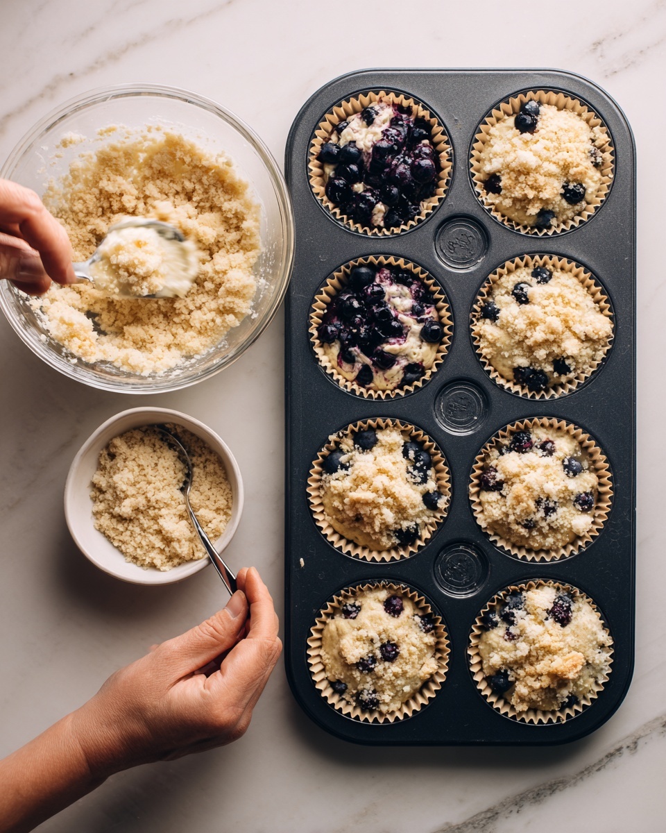 The image shows a black metal muffin tray with twelve cups, each lined with beige paper cupcake liners. In the left half of the image, a woman's hand is using a spoon to place a pale, creamy batter mixed with dark blueberries into the liners; the batter has a soft, fluffy texture. To the left of the tray, there is a large clear glass bowl with more of the same batter and a small white bowl filled with a crumbly topping that is golden brown and textured. In the right half of the image, the muffin cups are all filled with batter and topped with a sprinkling of the crumbly topping, which has some larger chunks and fine crumbs evenly spread. The surface beneath everything is a white marbled texture. photo taken with an iphone --ar 4:5 --v 7