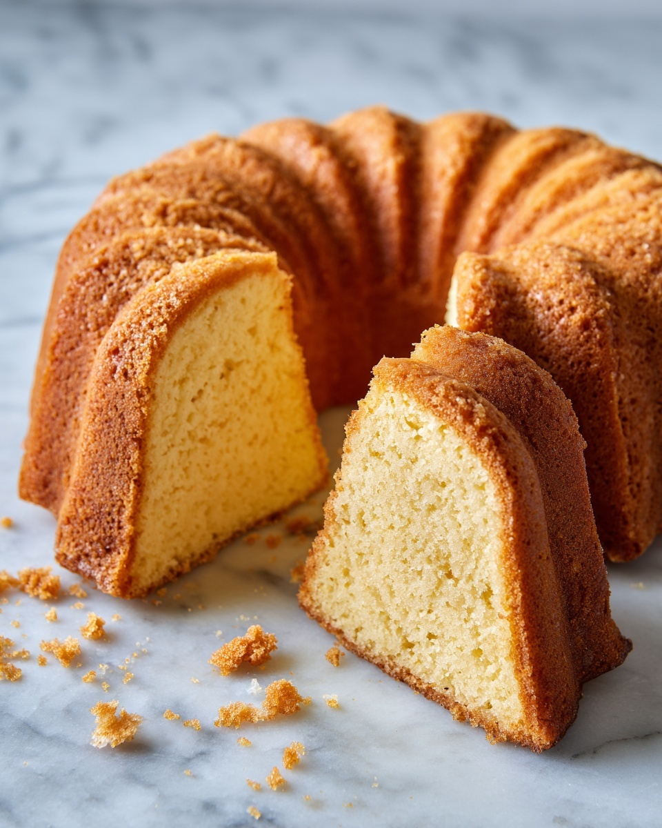 The image shows a bundt cake with one half sliced to reveal the inside. The cake has one main layer: a pale yellow, dense and smooth inside texture. The outside layer is a golden brown crust that is slightly rough and uneven, covering the entire cake, including the ridges and the circular hole in the center. The cake sits on a white marbled surface, with some crumbs scattered around the whole cake, which remains uncut in the second part of the image. photo taken with an iphone --ar 4:5 --v 7