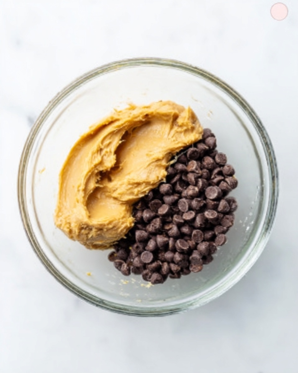 A clear glass bowl sits on a white marbled surface, filled with two main ingredients. On the left side, there is a smooth, thick layer of light brown peanut butter. On the right side, a dense pile of small, dark chocolate chips fills the rest of the bowl, covering almost half of the inside. A woman's hand rests on the edge of the bowl, slightly touching the peanut butter. The image is simple and focused, with soft natural lighting that highlights the texture of the peanut butter and chocolate chips, photo taken with an iphone --ar 4:5 --v 7