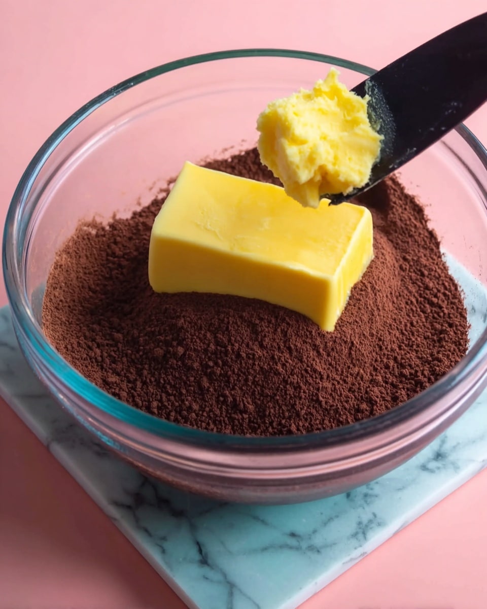 A clear glass bowl filled with a thick layer of dark brown cocoa powder sits on a blue green mat, placed on a white marbled texture. On top of the cocoa powder, there is a bright yellow block of butter, soft and slightly melting, positioned near the center. A black spatula is holding a small piece of the yellow butter just above the block, about to add it to the bowl. The background is a soft pink color. photo taken with an iphone --ar 4:5 --v 7