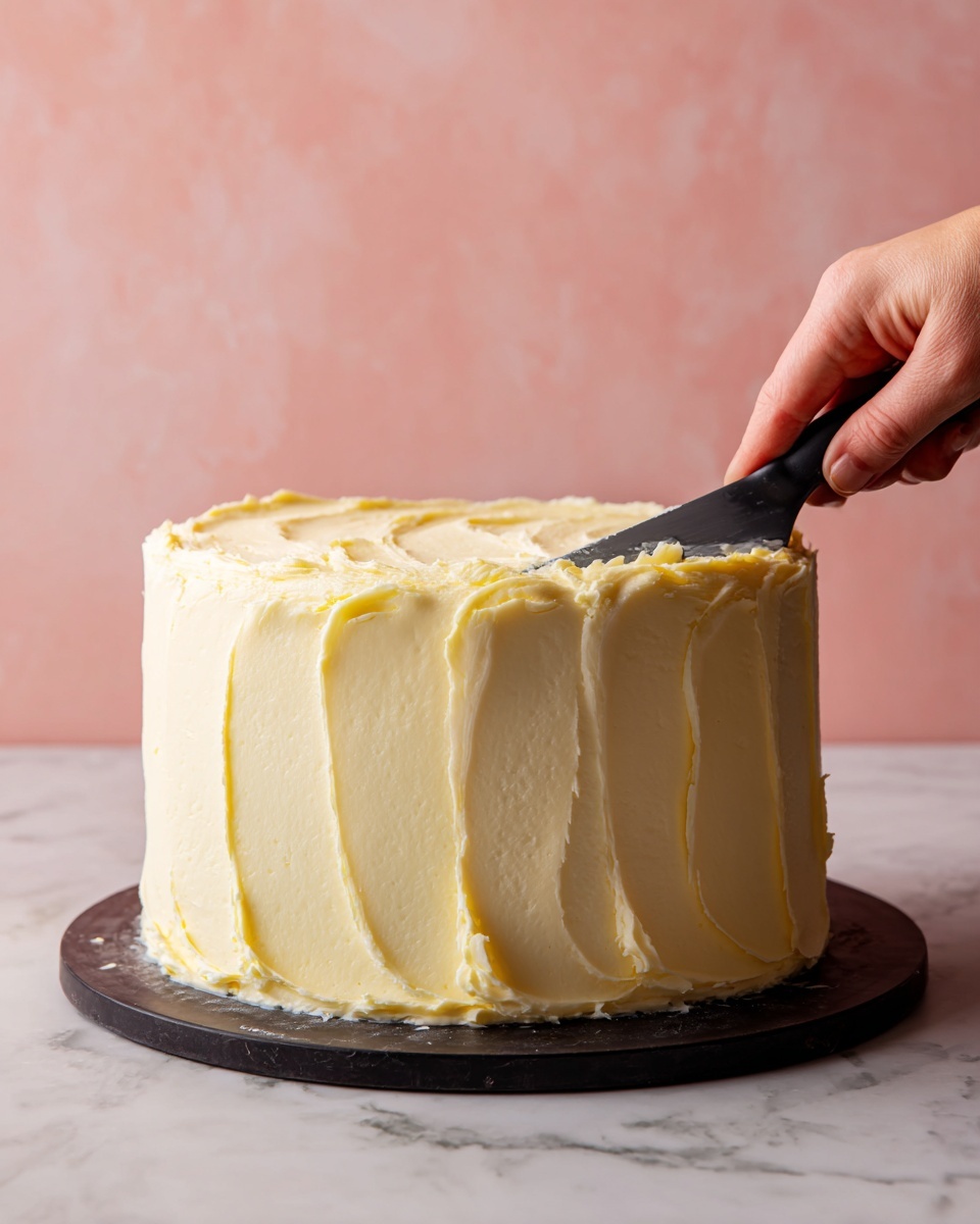 A tall, smooth round cake covered with light yellow creamy frosting, shown from the side and top. The creamy layer is thick and evenly spread with a soft texture. A woman's hand with a black handle spatula is gently pushing around the top edge of the frosting, making a shallow groove near the rim. The cake sits on a dark base against a plain pink background replaced with a white marbled texture. Photo taken with an iphone --ar 4:5 --v 7
