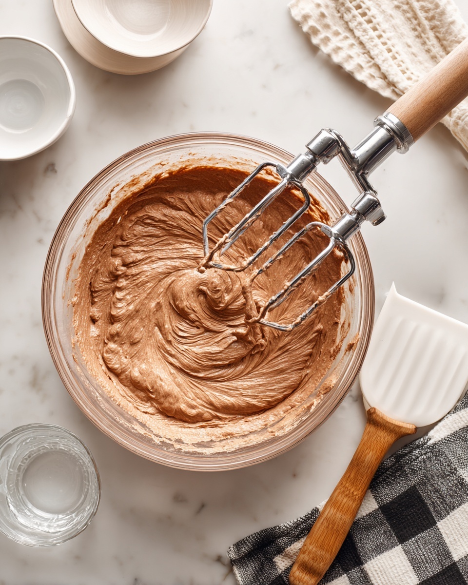 A clear glass mixing bowl sits on a white marbled surface filled with a light brown, creamy chocolate mixture being whipped by a hand mixer with two metal beaters. The mixture has soft swirls and thick texture clinging to the sides of the bowl. To the right of the bowl, there is a white spatula with a wooden handle resting next to a black and white checkered cloth. In the background, white bowls and a small clear glass bowl are slightly blurred. Photo taken with an iphone --ar 4:5 --v 7