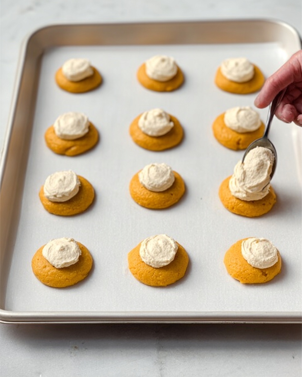 The image shows a white baking tray with twelve small round orange dough pieces evenly spaced in three rows and four columns. Each piece has a light beige dollop of cream or frosting placed neatly on top in the center. The tray is on a white marbled surface. A woman's hand holds a spoon gently over one of the dough pieces, adding some dollop of cream. The dough looks soft and smooth while the cream looks thick and fluffy. photo taken with an iphone --ar 4:5 --v 7