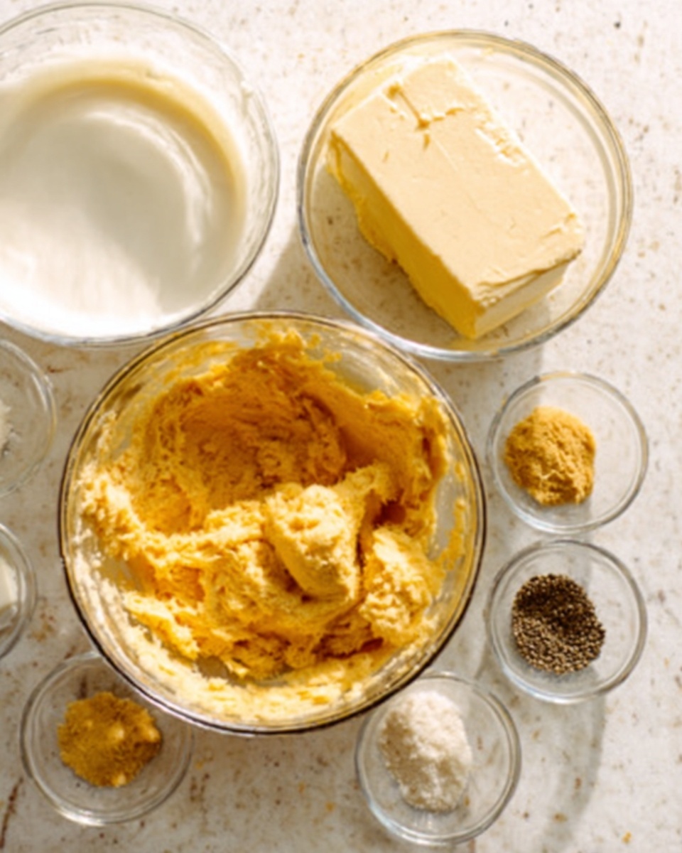 Several small clear glass bowls are arranged on a white marbled surface, each filled with different ingredients. Starting from the top left, there is a bowl filled with a white liquid, likely cream, next to a rectangular stick of butter placed directly on the marble. In the center is a bowl with finely grated yellowish cheese. Below to the left is a bowl with a block of white cheese or tofu. Scattered around the bottom right area are smaller bowls holding black pepper, a spice that looks like ground mustard, finely chopped ginger, and salt. The scene shows ingredients neatly set for preparing a recipe, with soft natural lighting illuminating the textures and colors photo taken with an iphone --ar 4:5 --v 7