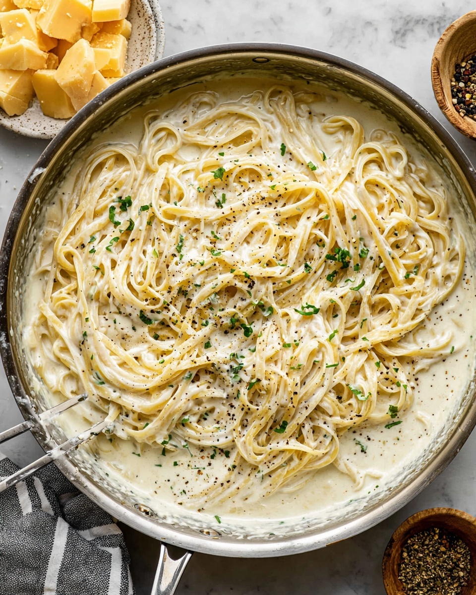 A large metal pan filled with creamy white sauce coating a single layer of thick noodles, arranged loosely and mixed throughout with smooth sauce. The sauce is speckled with small black pepper bits and finely chopped green herbs scattered on top. The background shows a white marbled surface with blocks of yellow cheese and small dishes of cracked pepper and green herbs nearby. A striped cloth is partially visible in the bottom left corner. Photo taken with an iphone --ar 4:5 --v 7