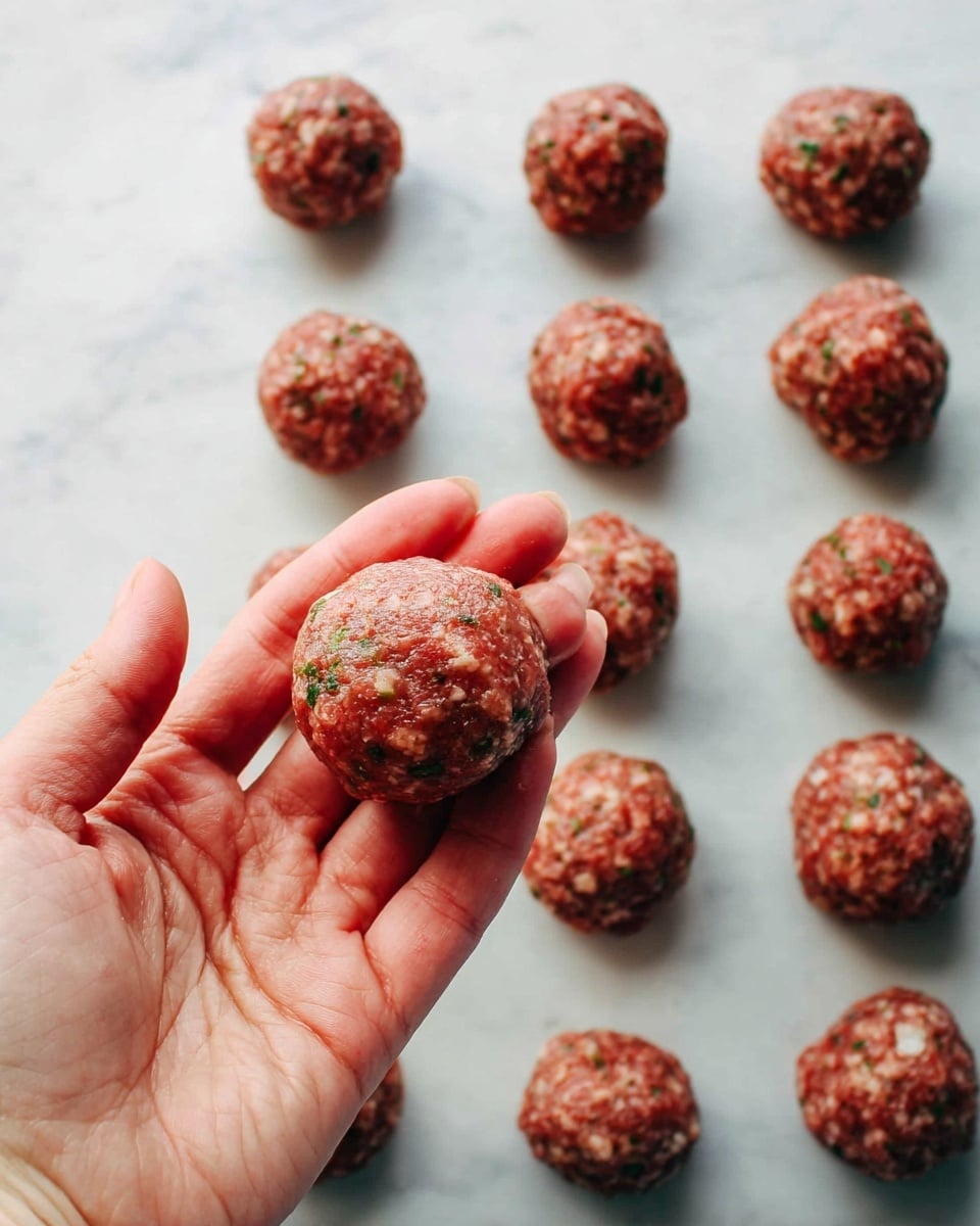A woman's hand holds a single round raw meatball made of ground meat mixed with green herbs and small white bits. Below, there are eleven similar meatballs arranged in a neat grid on a white marbled surface. The meatballs have a rough texture and reddish-brown color with specks of green and white throughout. Photo taken with an iphone --ar 4:5 --v 7
