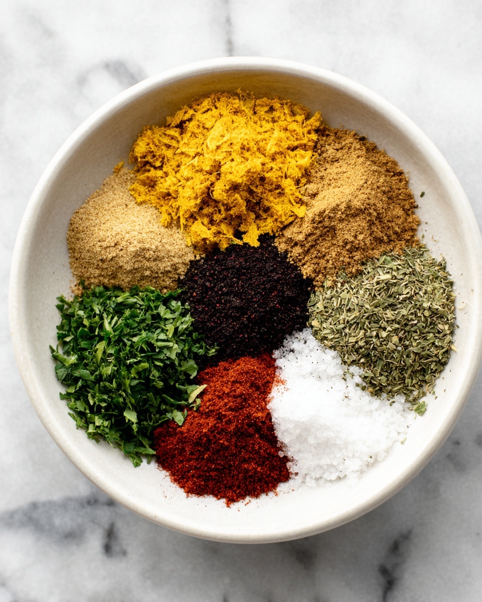 A white bowl sits on a white marbled surface, filled with six separate piles of spices and herbs arranged in a circle inside the bowl. Starting from the top and moving clockwise, there is a bright yellow flaky spice, a light golden brown powder, a coarse mix of black and green herbs, a medium brown powder, fresh finely chopped green herbs, a deep red powder, and a small pile of white granules. The colors range from bright yellow and green to dark black and red, each pile maintaining its distinct texture and shape. Photo taken with an iphone --ar 4:5 --v 7