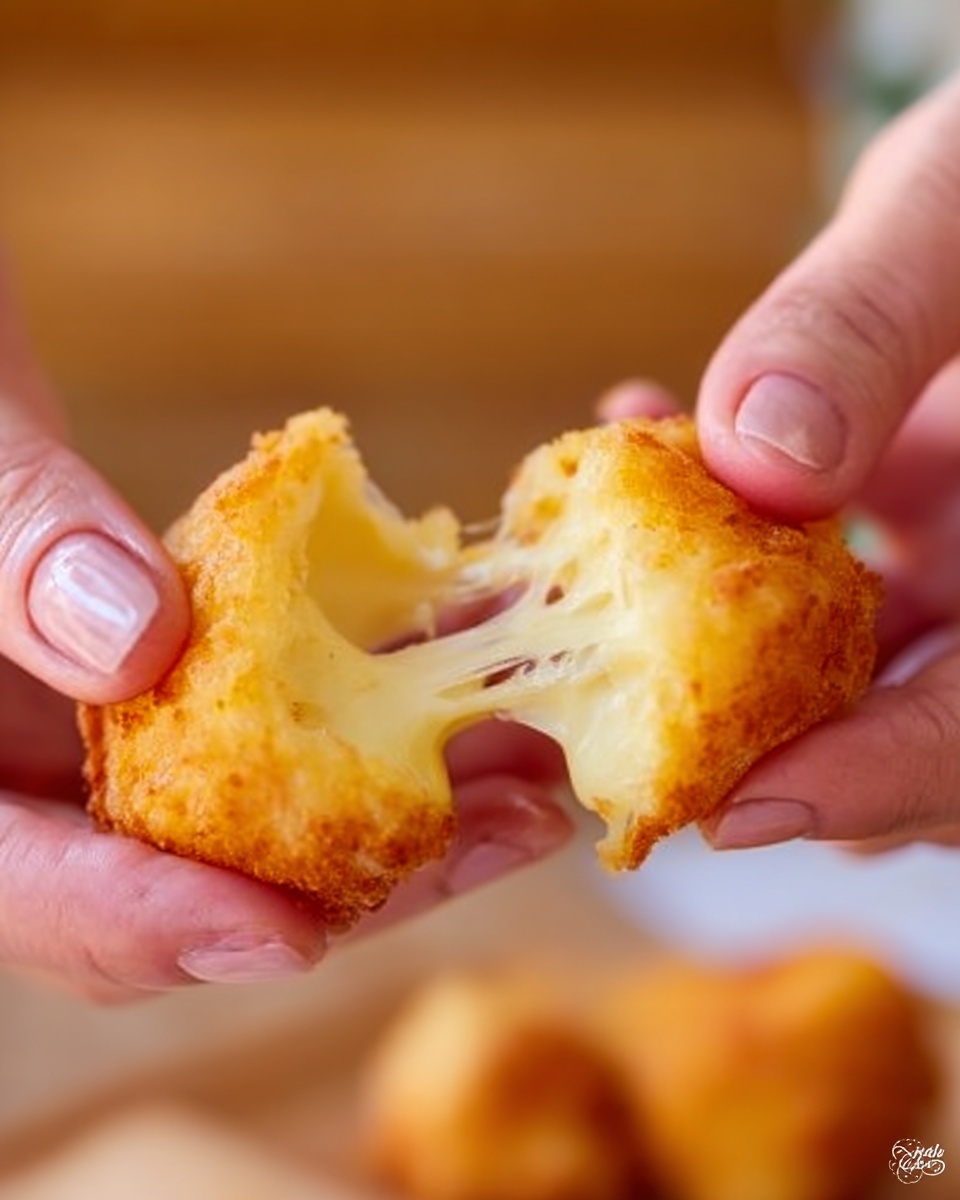 The image shows a close-up of a woman's hand pulling apart a small, golden-brown fried cheese ball, revealing melted white cheese stretching from each half. The cheese ball has a crispy, slightly rough surface with a warm yellow color on the outside, and the soft, stretchy cheese inside contrasts with its smooth, gooey texture. The background is softly blurred with warm tones, suggesting a cozy setting. The photo is focused on the moment the cheese pulls apart, showing the texture and freshness clearly. Photo taken with an iphone --ar 4:5 --v 7