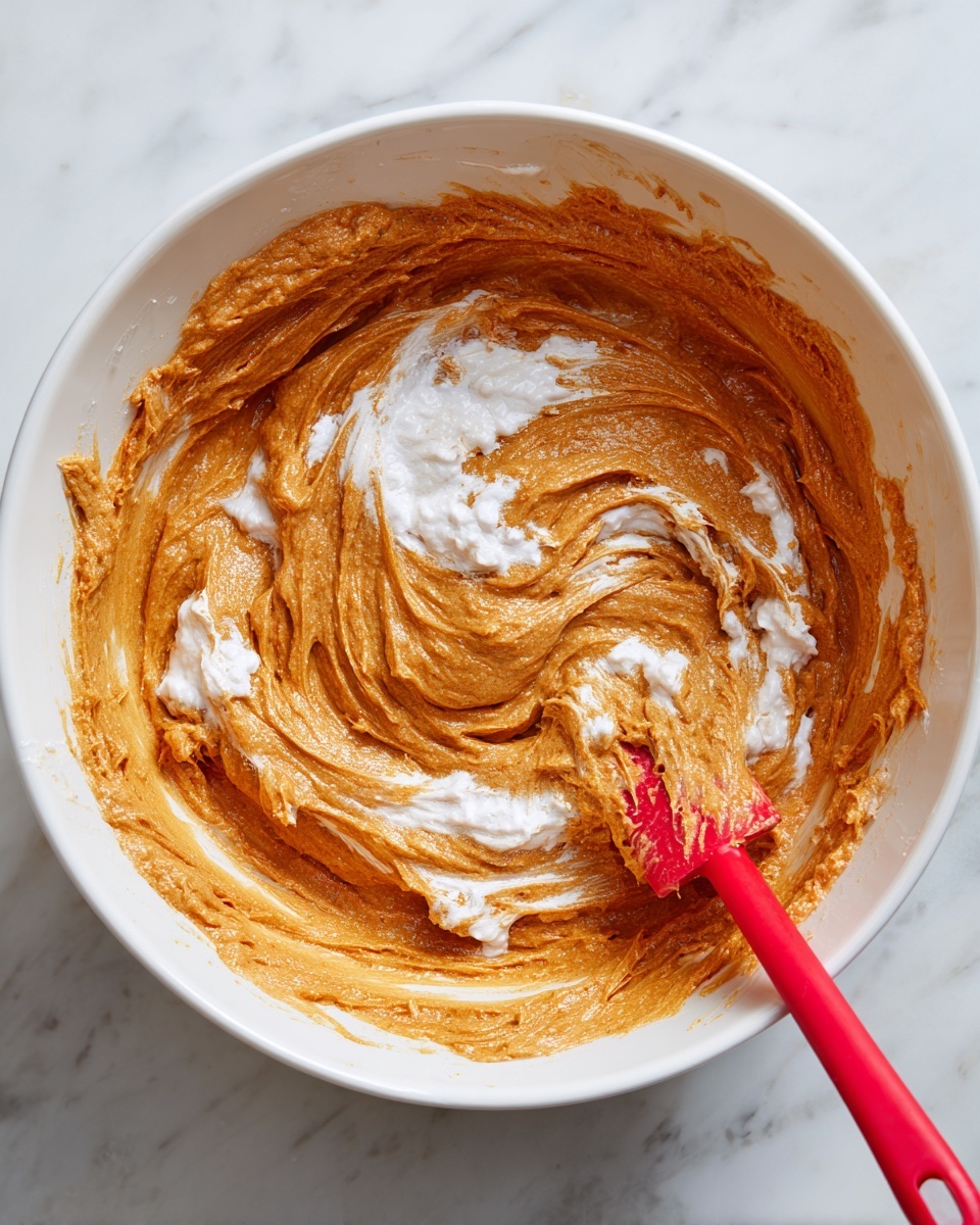 The image shows a close-up of a mixing bowl with a thick orange-brown batter in the center, swirled with patches of white flour. The batter appears wet and sticky, with a shiny texture and some lumps, indicating it is still being mixed. A red spatula is visible at the bottom, blending the batter in a circular motion inside a white bowl placed on a white marbled surface. photo taken with an iphone --ar 4:5 --v 7