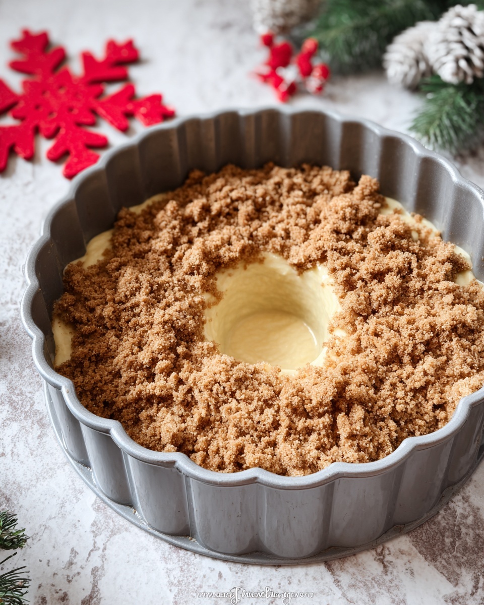 A grey bundt pan filled with two layers: the bottom layer is a smooth, light yellow batter evenly spread out, while the top layer is a thick, crumbly brown streusel topping scattered all over the batter. The pan edges are shaped with ridges, and the pan sits on a white marbled surface with some green pine leaves, a red felt snowflake decoration, and white pine cones blurred in the background. Photo taken with an iphone --ar 4:5 --v 7