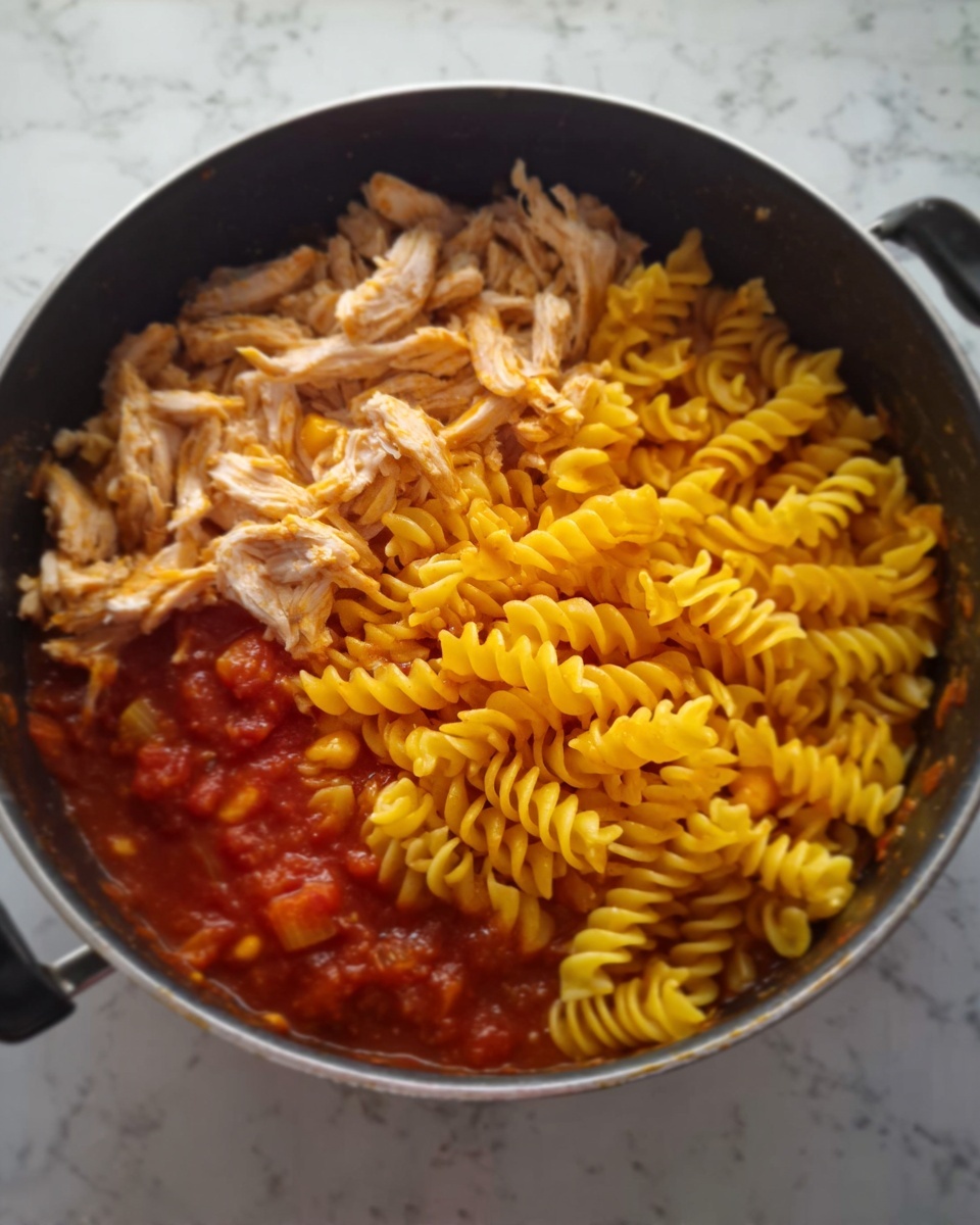 A deep black pot filled with three visible layers of food: at the bottom, a red tomato sauce with small chunks, middle layer with shredded light brown chicken pieces scattered unevenly, and the top layer showing yellow twisted pasta spirals piled loosely. The pot sits on a white marbled surface. Photo taken with an iphone --ar 4:5 --v 7