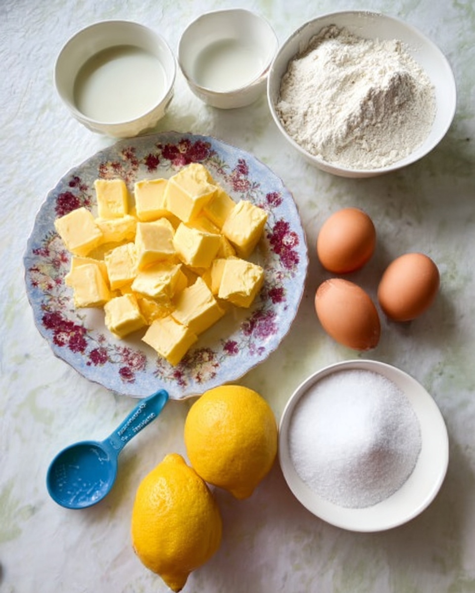The image shows a collection of baking ingredients on a white marbled surface. There are three brown eggs stacked to the right, two whole yellow lemons at the bottom center, and a blue measuring spoon with white powder on the left. Above the lemons, a floral plate holds many pieces of cubed yellow butter. To the upper left of the butter, a small white bowl contains a white liquid, likely milk, while behind it is a white bowl filled with white flour. To the right side, another white bowl is filled with white granulated sugar. The entire scene is bright and clear, showing simple baking ingredients arranged neatly. photo taken with an iphone --ar 4:5 --v 7