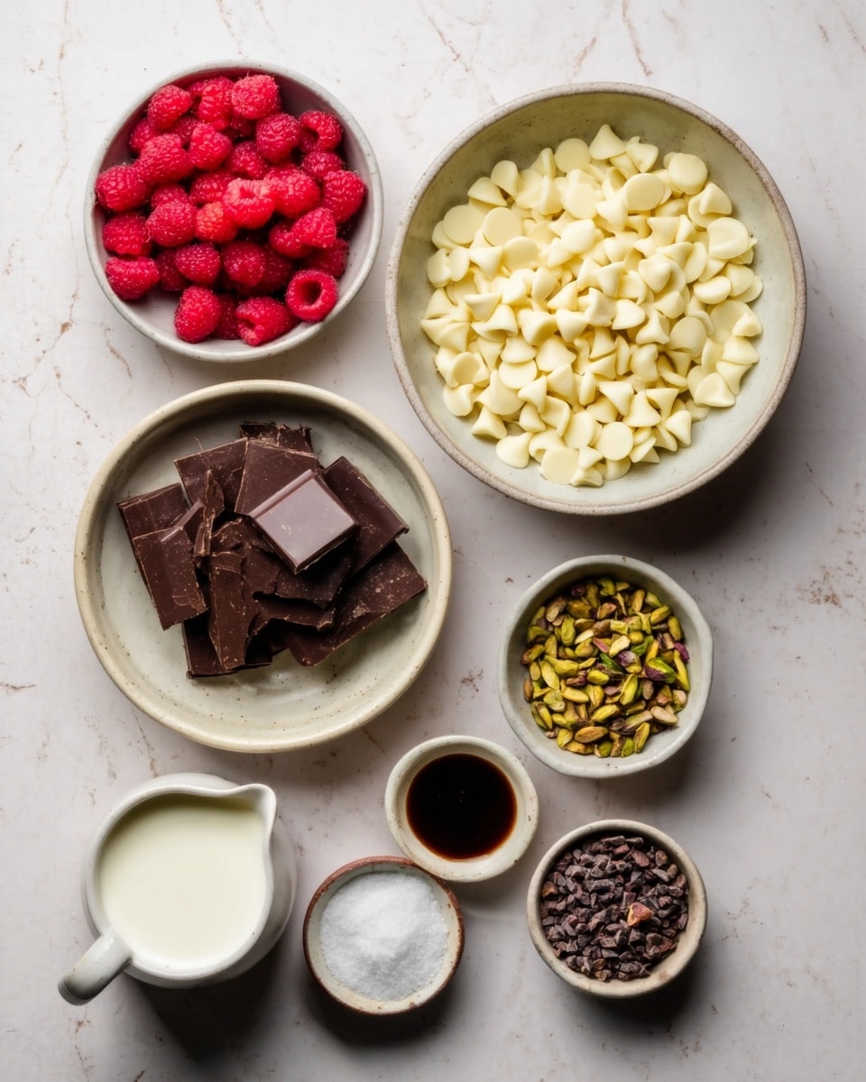 Several white bowls and a small white jug are placed on a white marbled surface. The largest bowl holds many small pale yellow chocolate chips. Below it, a slightly smaller bowl contains dark chocolate squares arranged in a flat layer. To the right of the chocolate squares is a small white bowl with green pistachios. Above the pistachios sits a tiny white bowl with a dark brown liquid, likely vanilla or syrup. Above that is another tiny white bowl with coarse white salt. To the left of the salt is a small bowl filled with dark cocoa nibs. To the left of all these bowls is a small white jug filled with cream. Finally, at the top left corner, there is a white bowl filled with bright red raspberries. The photo taken with an iphone --ar 4:5 --v 7