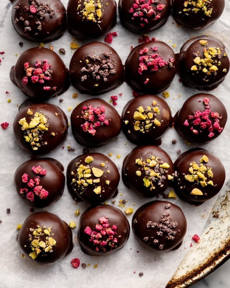 The image shows a tray lined with white parchment paper holding 21 round chocolate-covered treats arranged close together. Each treat is smooth and shiny with a dark brown glossy chocolate coating. The tops are decorated with three types of toppings: small pieces of bright yellow nuts, reddish pink berry bits, and small dark brown cacao nibs. The colors contrast nicely with the dark coating, adding texture and visual interest. The tray sits on a white marbled surface. photo taken with an iphone --ar 4:5 --v 7