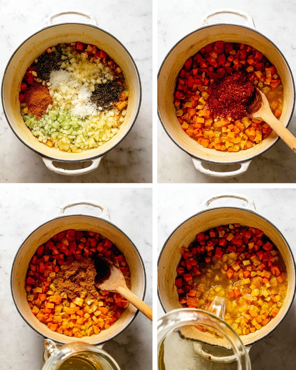 The image shows four white enamel pots with light brown inside, placed on a white marbled surface, each pot containing diced orange and red vegetables. In the first pot, the vegetables with a wooden spoon on the right appear cooked and slightly softened. The second pot adds four piles of light green, pale yellow, white, and finely chopped red ingredients on top of the cooked vegetables, arranged in a cluster near the center. The third pot shows a mixture of the previous ingredients combined with added dry spices in black, brown, and beige scattered on top. The fourth pot shows a liquid being poured from a clear glass jug into the mixture, making the vegetables look more liquid-soaked and cooked while the wooden spoon stays on the right side. Photo taken with an iphone --ar 4:5 --v 7