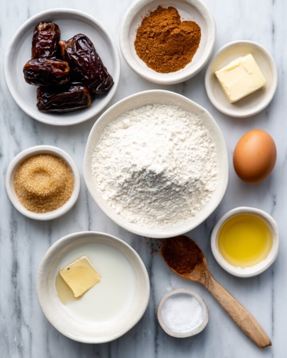 The image shows a white bowl in the center filled with white flour. Around the bowl, there are eight smaller white bowls and one egg on a white marbled surface. The smaller bowls contain brown sugar with a soft texture, black syrupy dates, golden brown soft sugar, yellow butter, a small amount of golden liquid, white salt, and white cream or milk. The egg is whole and brown in color. A small wooden spoon with a brown powder rests on the surface near the bowls. Photo taken with an iphone --ar 4:5 --v 7