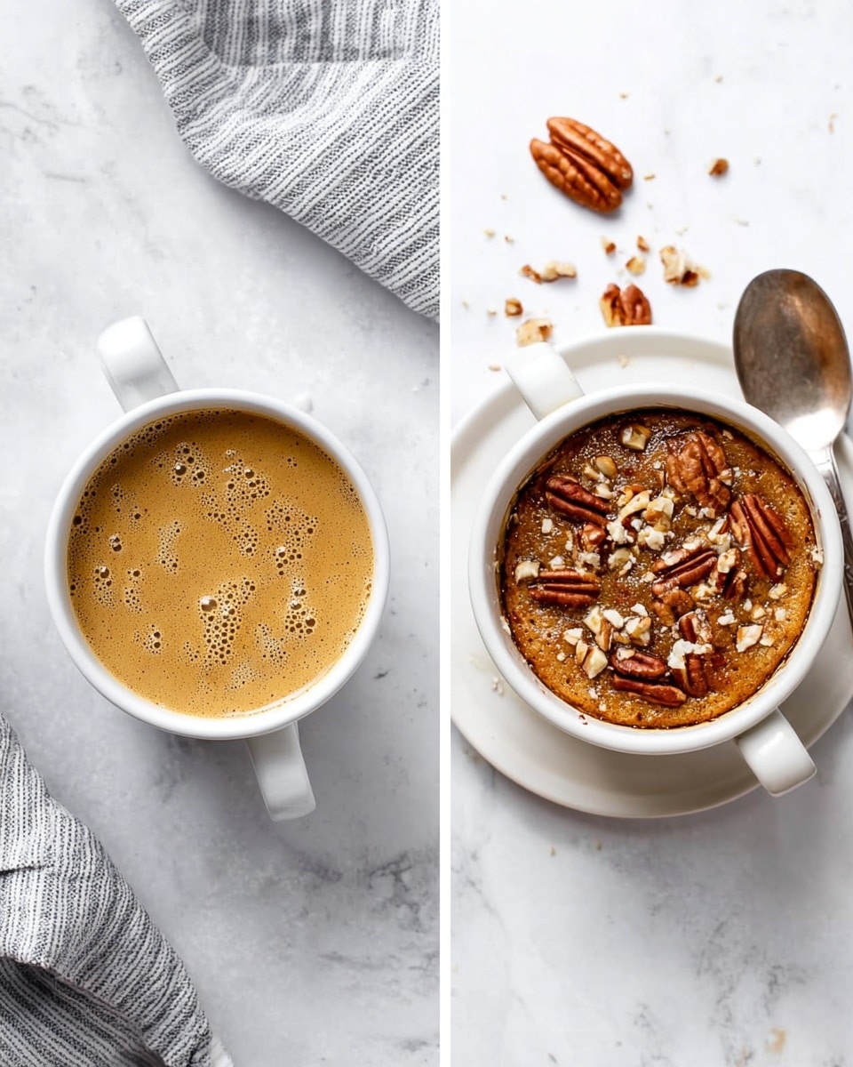 The image shows two white mugs placed side by side on a white marbled surface. The mug on the left has a smooth tan-colored batter mix inside with visible small bubbles on the surface. The mug on the right contains a baked cake with a golden brown top, sprinkled generously with chopped pecans. Some pecans are also scattered around the mug on the marbled surface. A silver spoon rests next to the right mug, positioned partly on the surface and partly on the mug’s round white base. A grey and white striped cloth is partially visible on the upper left corner of the right side, adding a soft texture to the setting. Photo taken with an iphone --ar 4:5 --v 7