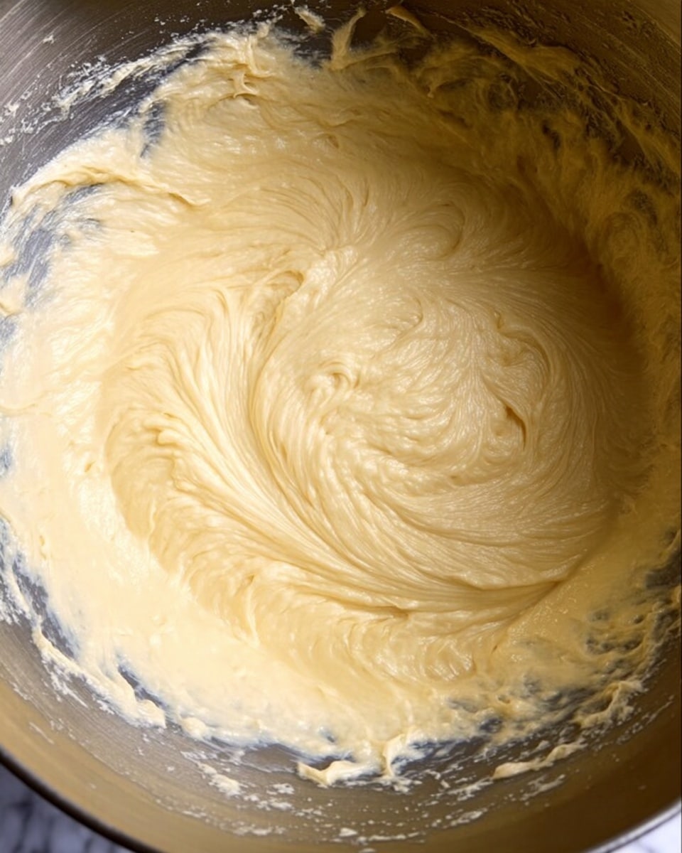 A close-up image of a metallic mixing bowl filled with a thick, creamy batter that is pale yellow in color. The batter has a smooth texture with soft ridges and swirls made by stirring. The sides of the bowl have some batter spread unevenly, showing the contrast between the shiny metal and the creamy mixture. The background is a white marbled texture. photo taken with an iphone --ar 4:5 --v 7