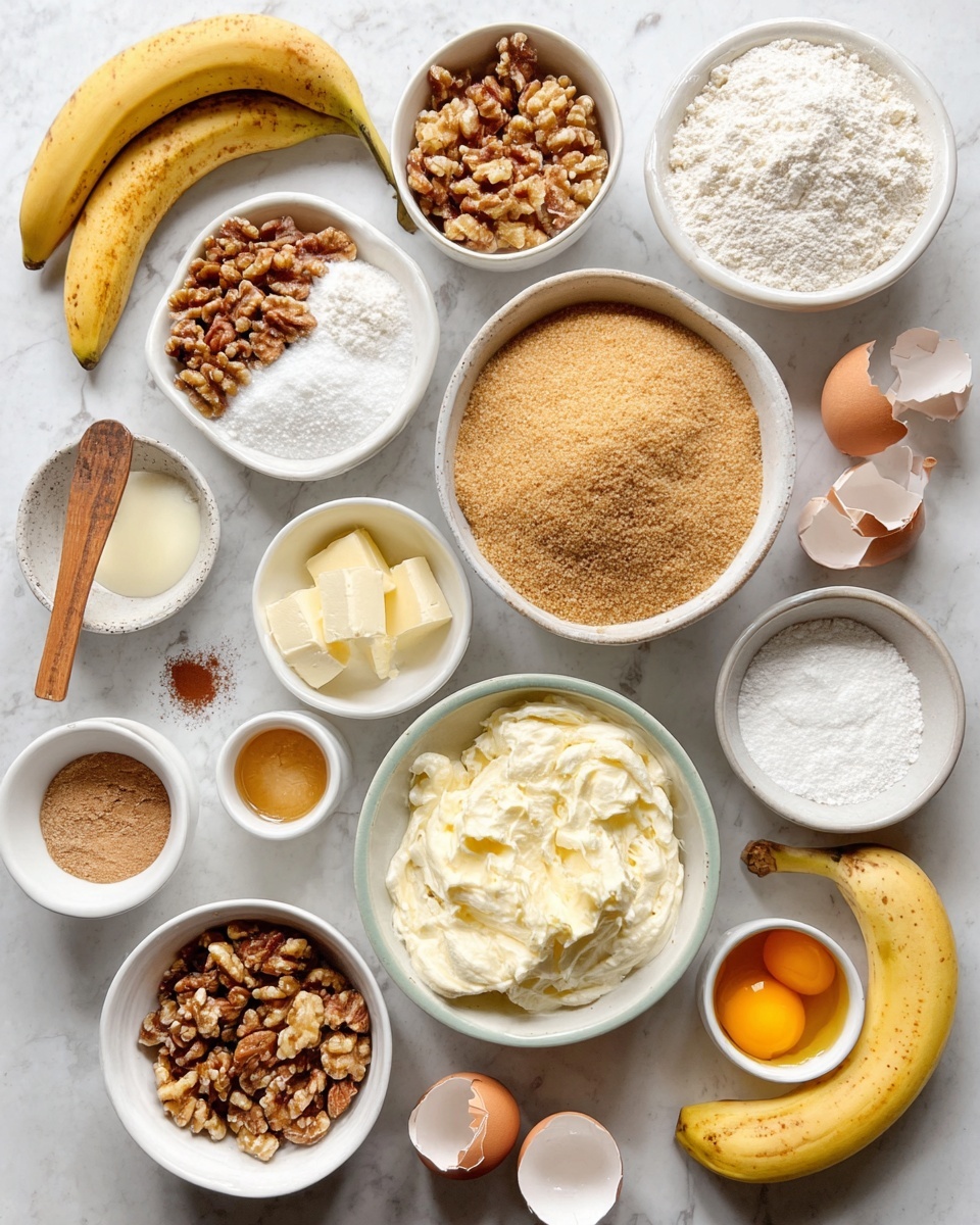 The image shows several white bowls and small dishes arranged on a white marbled surface, each holding different baking ingredients. There is a large bowl in the center filled with light brown sugar, surrounded by smaller bowls containing chopped walnuts, white granulated sugar, cinnamon powder with a wooden spoon, yeast, two raw eggs in a bowl, a small dish of vanilla extract, melted butter, creamy white softened cream cheese, cubed butter, mashed banana with a fork, flour piled high in a bowl, powdered sugar, and a small bowl with banana slices. Nearby are two ripe bananas and cracked eggshells placed on the surface. Every ingredient is neatly placed and clearly visible. photo taken with an iphone --ar 4:5 --v 7