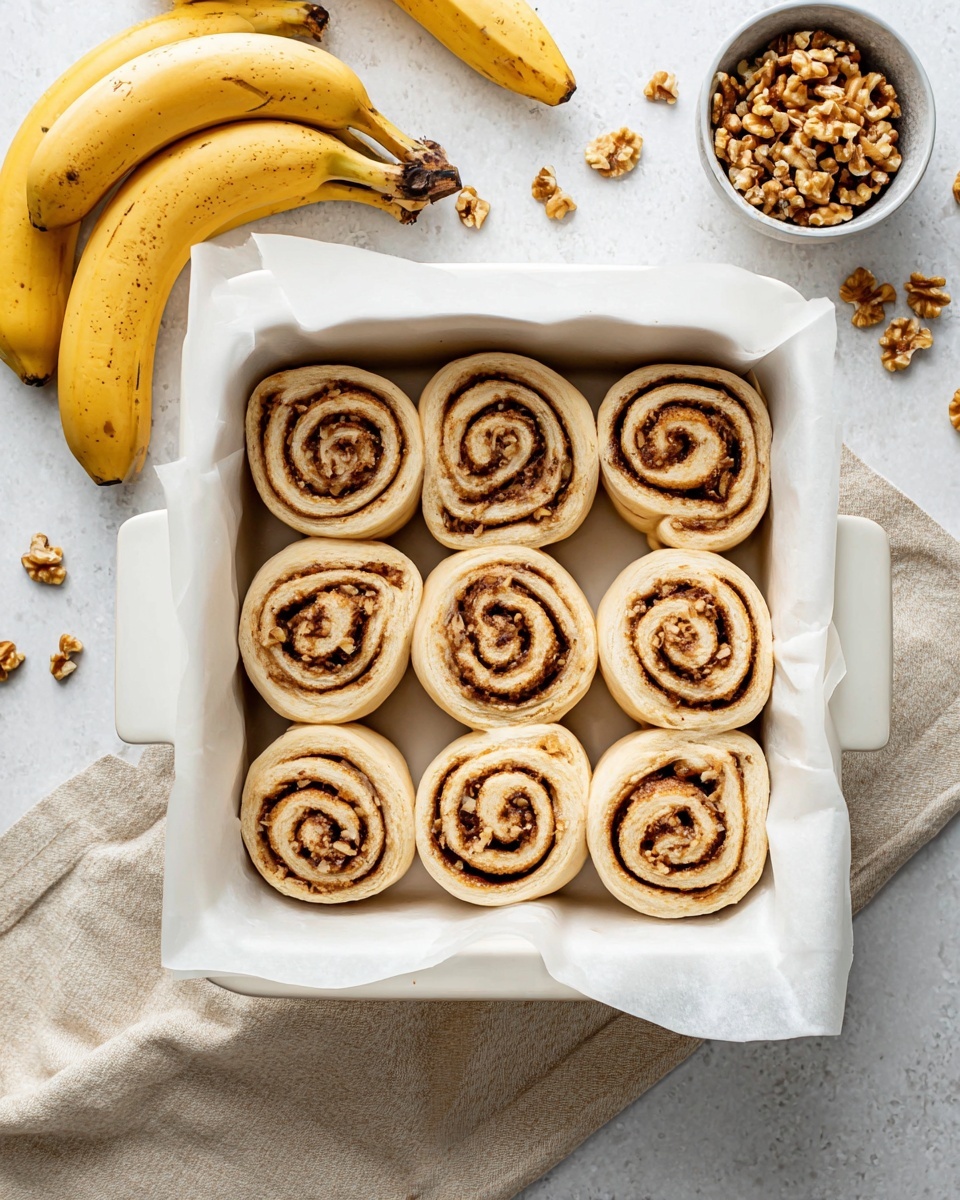 A white baking dish lined with white parchment paper holds twelve cinnamon rolls arranged in three rows of four. Each cinnamon roll shows visible spiral layers of light beige dough with darker brown cinnamon filling swirled evenly throughout. The dough looks soft and slightly fluffy with a raw texture, while the cinnamon filling creates a rich contrast in color and adds detail. To the left side of the dish, there are bunches of yellow bananas with brown spots. On the right side, a small light gray bowl contains rough chopped walnuts scattered nearby on a white marbled surface. A beige cloth napkin lies partially under the dish. Photo taken with an iphone --ar 4:5 --v 7