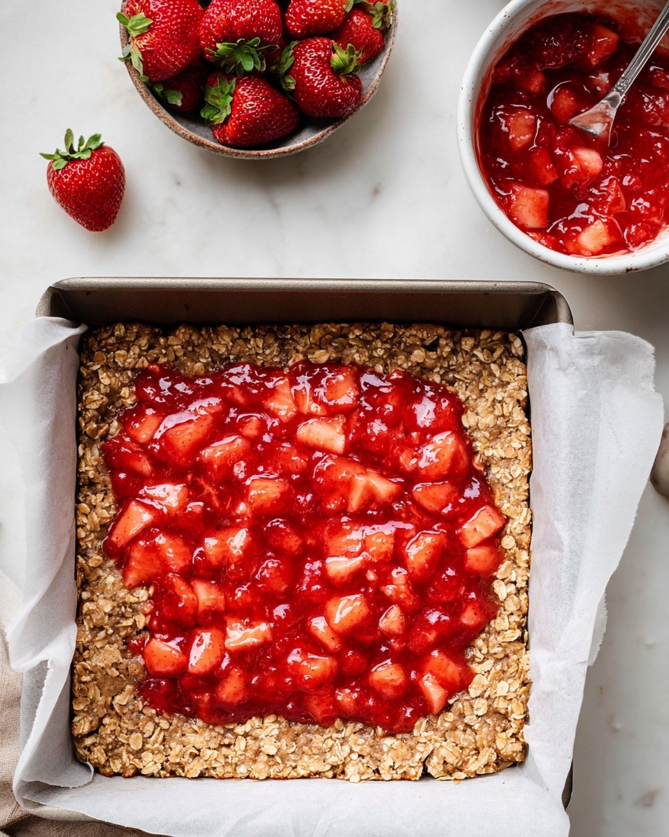 The image shows a square baking pan lined with white parchment paper, filled with two visible layers: the bottom layer is a golden brown oat crust with a rough texture and visible whole oats, and the top layer is a bright red chunky strawberry mixture with pieces of strawberries in a glossy sauce, spread mostly in the center. To the right, there is a white bowl with more of the red strawberry mixture and a spoon resting inside it, and near that bowl, there is a small white bowl filled with fresh whole strawberries. The background is a white marbled surface, and a single strawberry lies near the bowls. Photo taken with an iphone --ar 4:5 --v 7