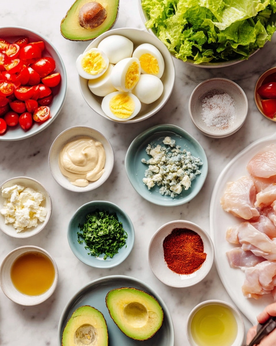 The image shows several white bowls and plates placed on a white marbled surface, each holding different ingredients. One bowl contains bright red cherry tomatoes cut in half, another has chopped green lettuce with a rough texture. A bowl in the center holds peeled boiled eggs, some halved showing their yellow yolks. Near it, a large avocado is cut in half, revealing its green flesh and brown seed. Smaller bowls contain creamy beige mustard, finely chopped white garlic, dark green chopped herbs, blue cheese crumbles, reddish paprika powder, and tiny piles of salt and other spices. Raw pale chicken pieces rest in one white bowl. There are also clear liquid ingredients in small white bowls, showing amber and light yellow colors. The scene is arranged neatly with a clean, bright feel, and a woman’s hand is visible holding something on the edge. photo taken with an iphone --ar 4:5 --v 7