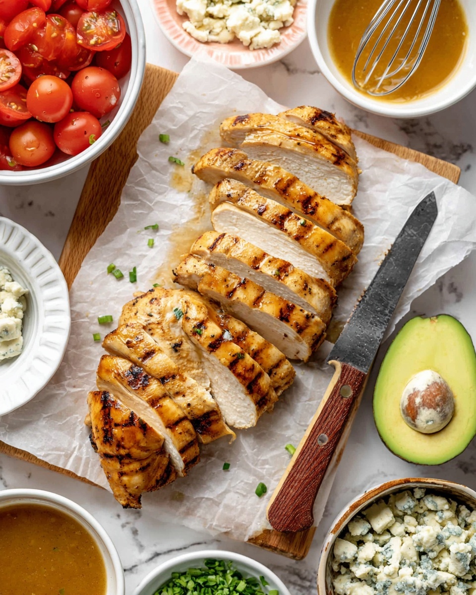 The image shows three sliced cooked chicken pieces arranged neatly on a piece of white parchment paper on a wooden board. Each chicken has golden-brown grill marks and looks juicy with a light brown outer color and white inside. Surrounding the cutting board are a white bowl of halved cherry tomatoes in the top left, a white bowl with a whisk inside and a golden sauce in the top right, half of a sliced avocado on the right side, a white bowl with crumbled blue cheese in the bottom right, and a white bowl with chopped green herbs in the bottom left. A large kitchen knife with a wooden handle lies on the right side of the chicken. The background surface is white with a marble texture. photo taken with an iphone --ar 4:5 --v 7