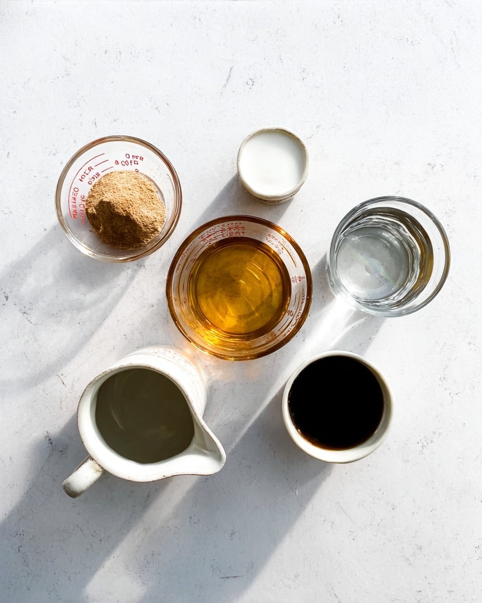 The image shows five small containers with ingredients placed on a white marbled surface. From top center moving clockwise, there is a small glass bowl with light brown powder, a clear glass measuring cup with golden liquid, a white ceramic pitcher filled with white liquid, a small white ceramic cup holding dark brown liquid, and a clear glass with water. The arrangement is neat, and the lighting is soft, showing some shadows under the containers. photo taken with an iphone --ar 4:5 --v 7