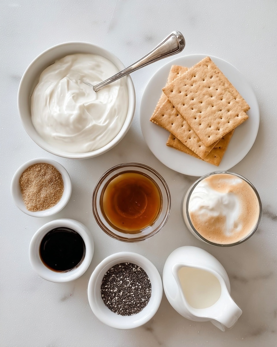 The image shows seven white bowls on a white marbled surface. The largest bowl on the top left holds thick white yogurt with a spoon inside, its texture smooth and creamy. Below it, a white plate has three square crackers arranged in a slight stack, light brown with small holes. Moving clockwise, a small white bowl contains dark brown liquid, possibly syrup. Next to it is a glass with light brown coffee topped with a creamy foam layer. Below that, a small white bowl holds a dark liquid, almost black, with a smooth surface. To the left is a small white bowl filled with light brown powder, finely textured. At the bottom, another small white bowl is filled with small black chia seeds. A small glass pitcher on the right contains white milk. Everything is on a clean white marbled surface. photo taken with an iphone --ar 4:5 --v 7
