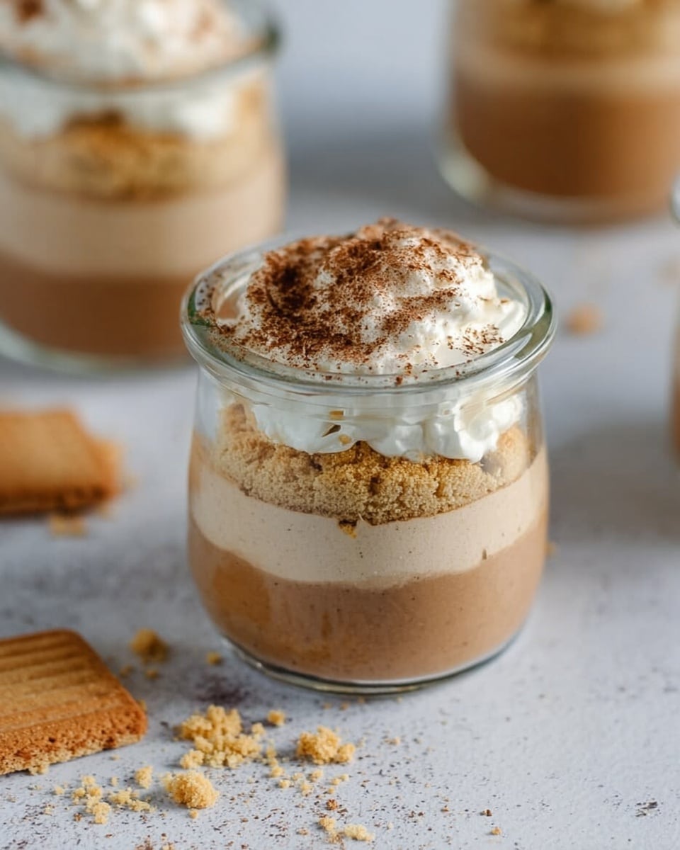 A clear small glass jar with three visible layers stands on a white marbled surface. The bottom layer is a thick, smooth light brown mousse filling about two-thirds of the jar. Above it, there is a thin layer of crushed light yellow biscuit crumbs. The top layer is creamy white whipped cream, light and fluffy, sprinkled with some brown powder, likely cinnamon, giving a textured look. Nearby, some biscuit pieces and powder crumbs are scattered randomly on the surface. In the background, there is another empty clear jar with a drink, slightly blurred. Photo taken with an iphone --ar 4:5 --v 7