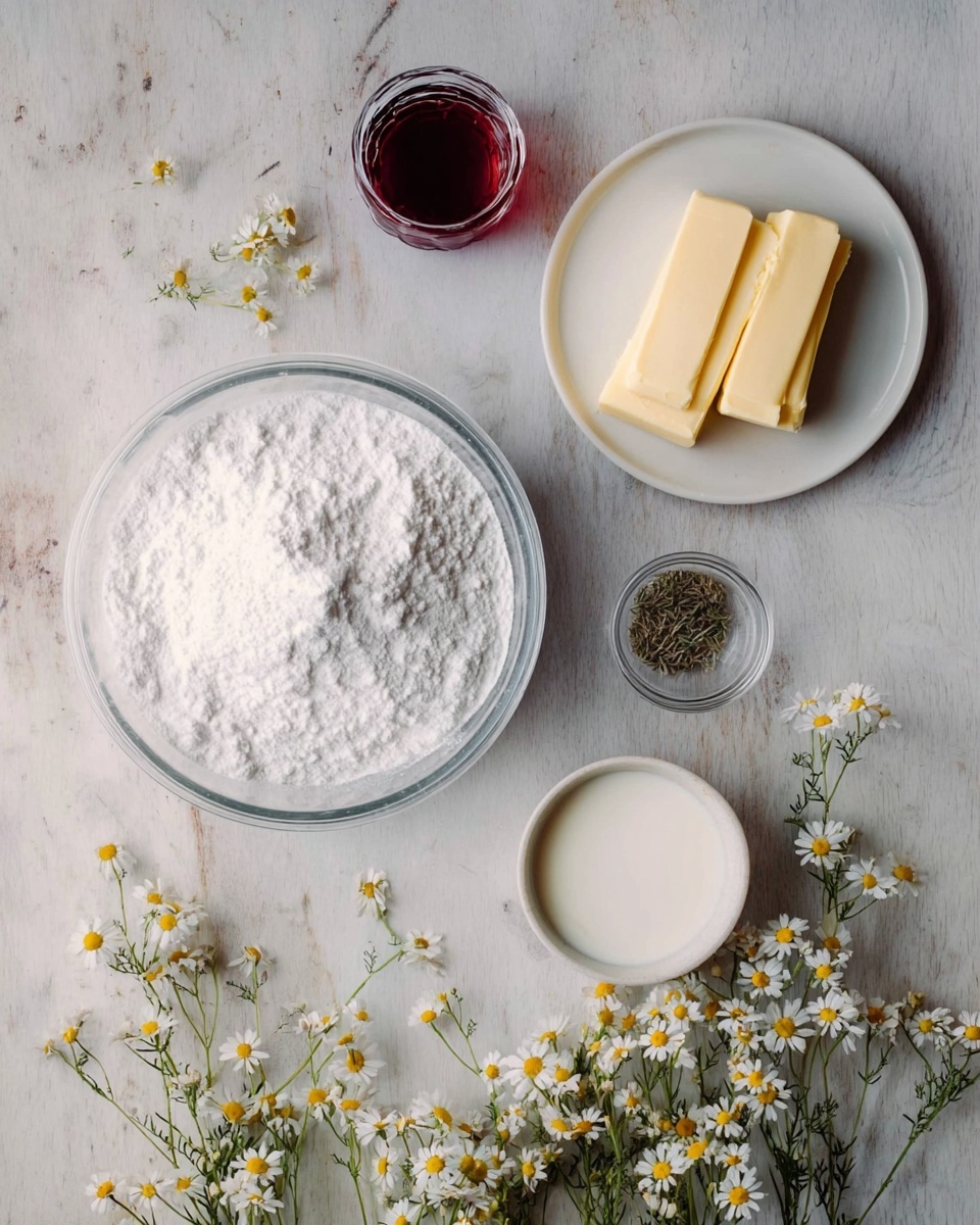The image shows a top view of baking ingredients arranged on a white marbled surface. There is a large clear glass bowl filled with white powdered sugar in the bottom left area. To the right, a small white bowl holds a little cream or milk. Above the bowl of powdered sugar, a white plate with two pale yellow sticks of butter is placed. Next to the butter plate, there is a small transparent bowl with dried herbs or spices. Above that, a small glass container with dark red liquid is seen. Around the setup, small white and yellow wildflowers are scattered, adding a natural touch. Photo taken with an iphone --ar 4:5 --v 7