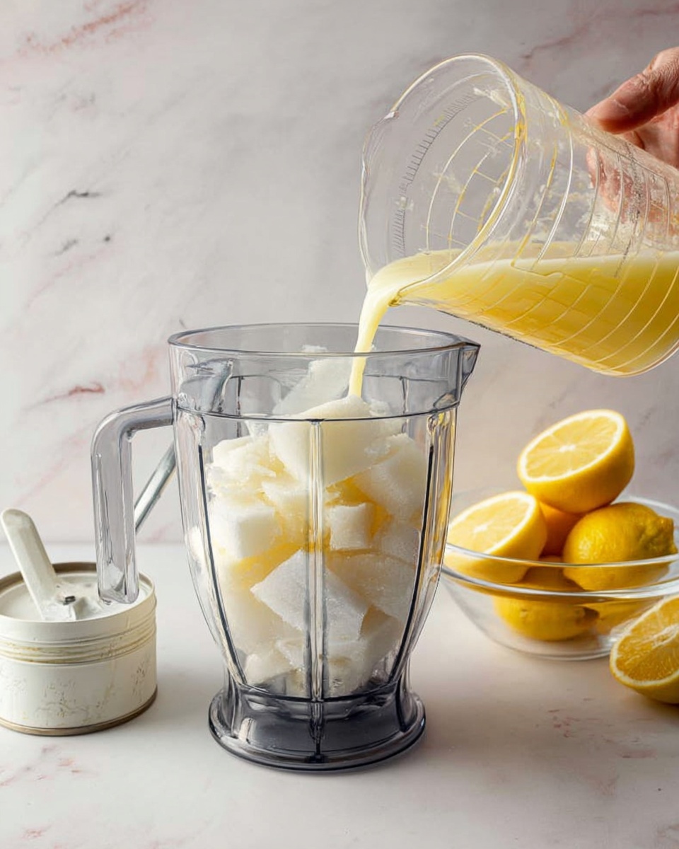 The image shows a woman's hand pouring a light yellow liquid from a clear glass measuring cup into a blender filled with chunks of white ice and pale yellow fruit pieces. To the left, an open white can with a white spoon inside sits on a white marbled surface. On the right side, a clear white bowl holds several yellow lemon halves. The blender is clear with dark accents and sits on the white marbled background. photo taken with an iphone --ar 4:5 --v 7