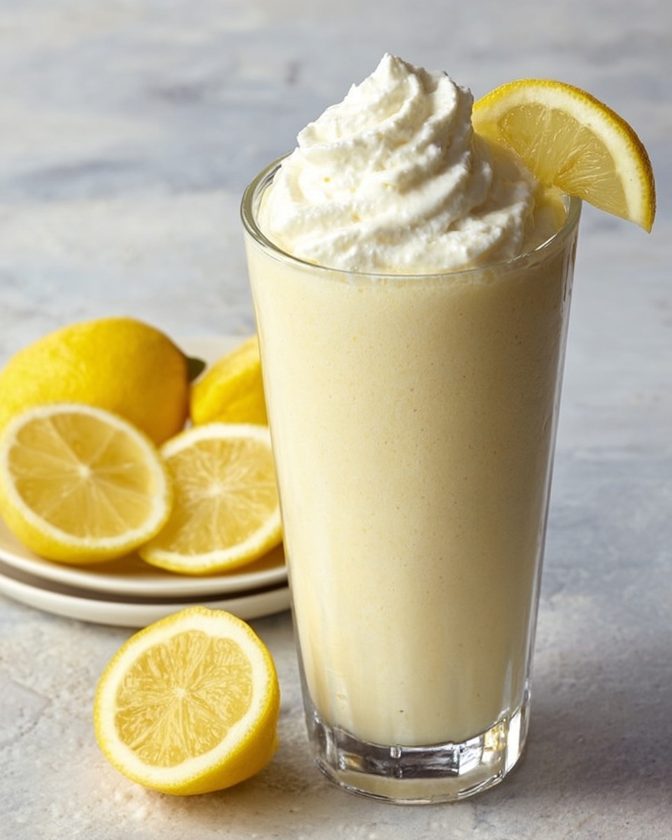 The image shows a tall clear glass filled with a creamy pale yellow smoothie. The smoothie has a smooth and thick texture, topped with a large swirl of white whipped cream. A bright yellow lemon wedge is placed on the rim of the glass, leaning slightly inward. In the background, there is a white plate holding several lemon halves and slices, all with a fresh, vibrant color. The surface beneath the glass and plate is a white marbled texture. photo taken with an iphone --ar 4:5 --v 7