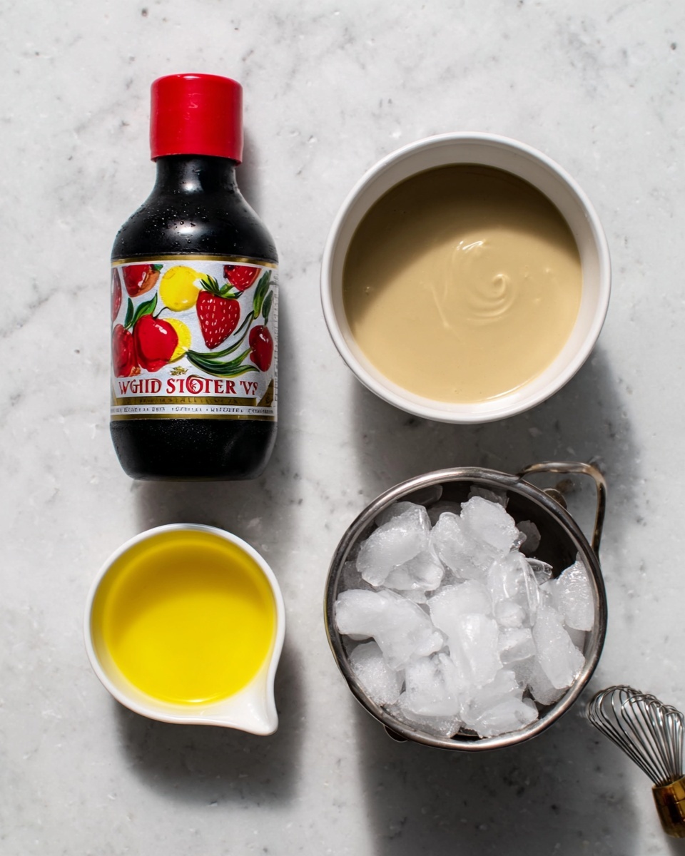 The image shows a white marble surface with four items arranged neatly. On the left, there is a black bottle with a red cap and colorful fruit illustrations on its label. Next to it, on the right, is a white ceramic bowl filled with a smooth, beige liquid. Below the bowl, there is a white measuring cup containing yellow liquid. To the right of this cup, there is a small silver bucket filled with ice cubes, each clear and shiny. Photo taken with an iphone --ar 4:5 --v 7