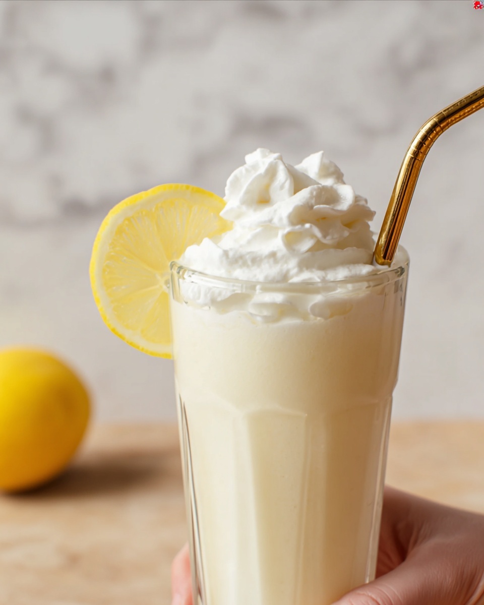 A tall clear glass filled with a creamy, light yellow milkshake topped with a large swirl of white whipped cream and a thin slice of bright yellow lemon resting on the whipped cream near the rim. A metallic gold straw is placed inside the milkshake slightly leaning to the right. The glass is set on a white marbled surface with a blurred lemon in the background. A woman's hand is holding the glass lightly on the left side. photo taken with an iphone --ar 4:5 --v 7