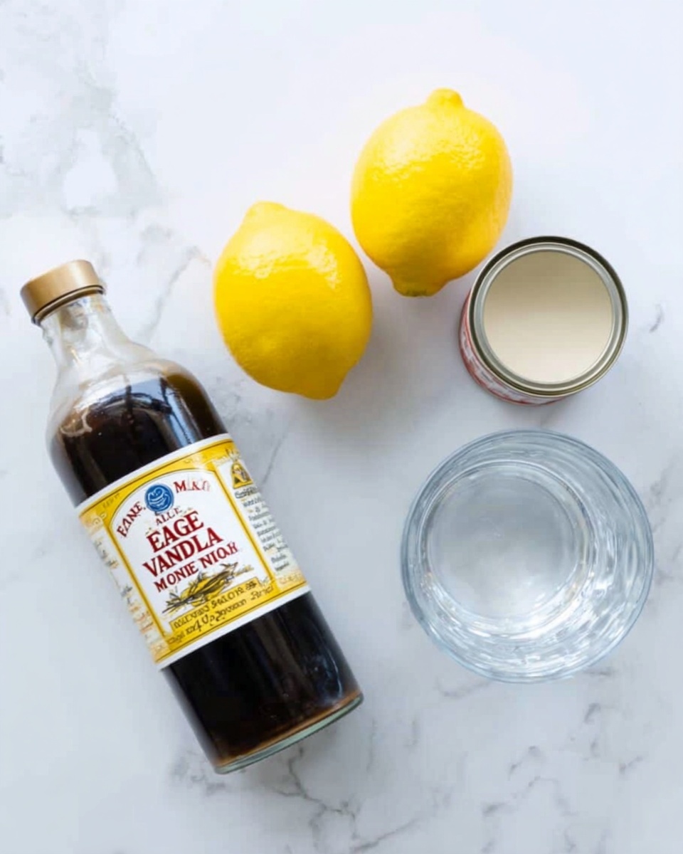 The image shows four items placed on a white marbled surface: a clear bottle of pure vanilla extract with a dark brown liquid inside on the left, two bright yellow lemons positioned in the upper center area, a small round tin of Eagle Brand sweetened condensed milk near the bottom center, and a clear glass cup filled with water on the right side. The items are evenly spaced and arranged simply without overlapping photo taken with an iphone --ar 4:5 --v 7