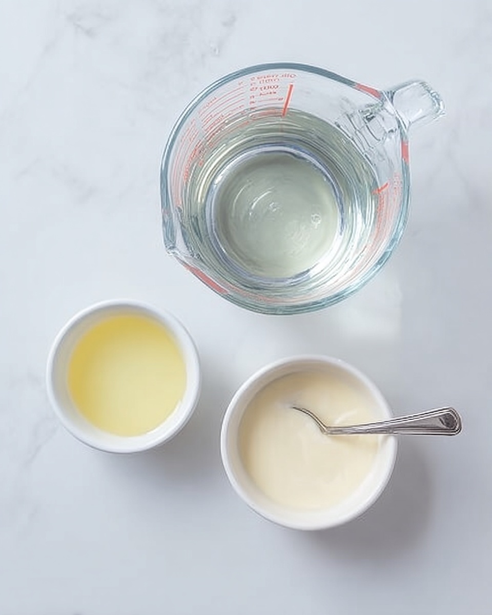The image shows three containers arranged on a white marbled surface. At the top center, there is a clear glass measuring cup filled with water, with measurement markings visible on the side. Below it, on the left, is a small white bowl filled with a pale yellow liquid, and to the right, there is a small white bowl with a silver spoon resting inside, holding a creamy off-white liquid. The overall look is clean and minimal. photo taken with an iphone --ar 4:5 --v 7