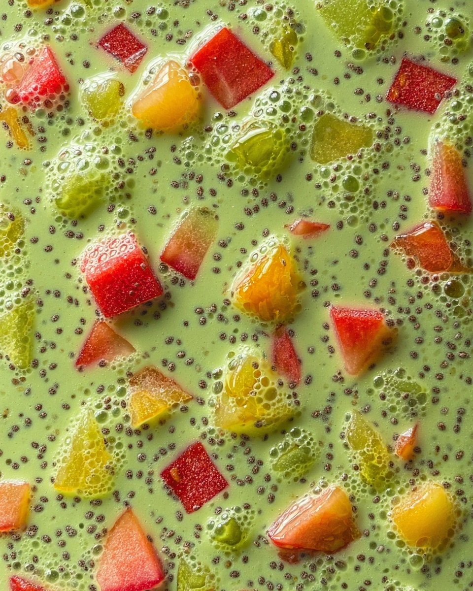 The image shows a close-up of a green smoothie or pudding with small black chia seeds scattered throughout. Floating inside are small, irregular pieces of fruit in red, yellow, and orange shades, each piece varied in size and shape. Tiny bubbles appear on the surface adding texture and freshness. The whole dish sits on a white marbled background, giving it a fresh and clean look. photo taken with an iphone --ar 4:5 --v 7