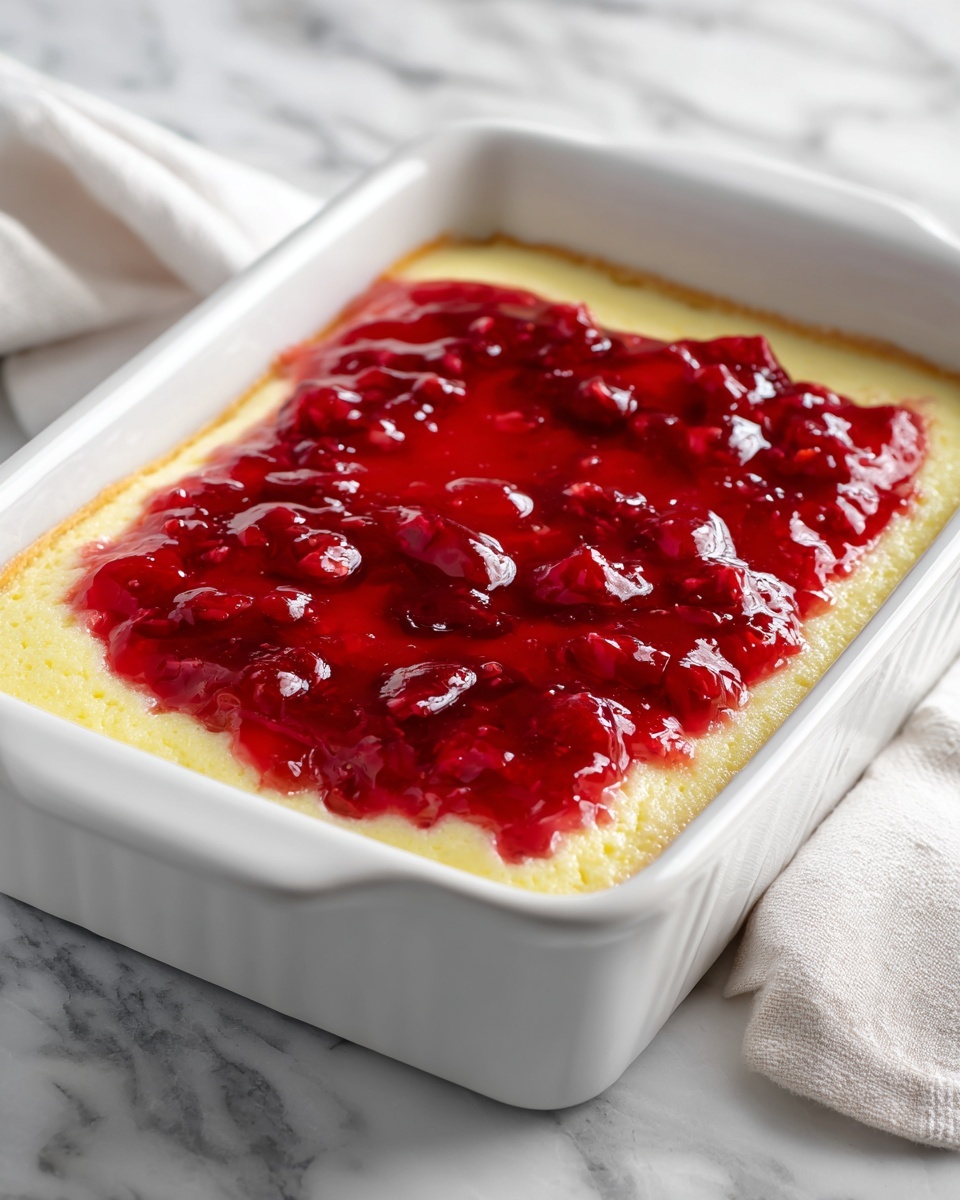 The image shows a white rectangular baking dish filled with a layered dessert. The bottom layer is a light yellow cake or cheesecake base with a smooth texture. On top of that is a thick, shiny red layer of jelly or fruit jam with visible chunks of fruit, spread evenly over the top. The baking dish sits on a white marbled surface with a light-colored cloth partially visible beside it. Photo taken with an iphone --ar 4:5 --v 7