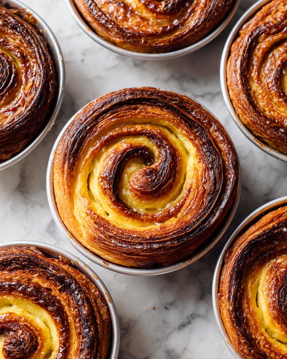 The image shows several round pastries with a spiral shape, each in its own silver baking tin. The pastries have many layers of flaky, golden-brown crust with darker browned edges, showing a crisp texture. The layers swirl from the center outwards, with a mix of light yellow and deep brown colors that highlight the baked dough's folds. They are placed on a surface that looks like a white marbled texture, creating a clean and bright background. The close-up view focuses on the detailed layers and the smooth, shiny baked top of the pastries. photo taken with an iphone --ar 4:5 --v 7
