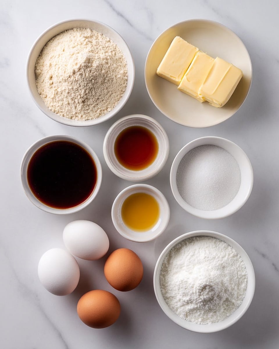 The image shows ten small white bowls and three brown eggs arranged neatly on a white marbled surface. The bowls contain different ingredients: one has light beige flour, another white powdered sugar, a third has two sticks of yellow butter, one holds a dark brown liquid, another a light amber liquid, one small bowl contains white granulated sugar, a white bowl is filled with a fine white powder, and another bowl is filled with white milk. The three eggs are placed near the center of the arrangement. The overall look is clean and bright, with all items evenly spaced and clearly visible. photo taken with an iphone --ar 4:5 --v 7