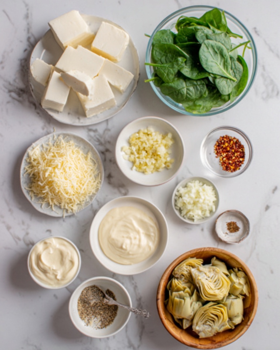 The image shows an overhead view of various ingredients arranged on a white marbled surface. In the center right is a white bowl filled with cooked artichoke hearts, slightly yellow and soft in texture. Above it, a glass bowl holds fresh spinach leaves, bright green and layered. To the right of the spinach is a small white bowl with minced garlic, light yellow and finely chopped. Near the top center, another white bowl contains finely chopped white onions. On the top left side, three rectangular blocks of white cream cheese are placed on a white plate. Below the cream cheese, a white bowl holds smooth, creamy mayonnaise. To the left, a small white bowl is filled with grated Parmesan cheese, pale yellow in color. At the bottom center, a wooden bowl is filled with shredded mozzarella cheese, showing soft, stringy textures and a creamy white color. Scattered around are small dishes containing red pepper flakes, black pepper, and a tiny spoon resting in a bowl of light brown seasoning powder, all placed neatly on the white marbled surface. Photo taken with an iphone --ar 4:5 --v 7