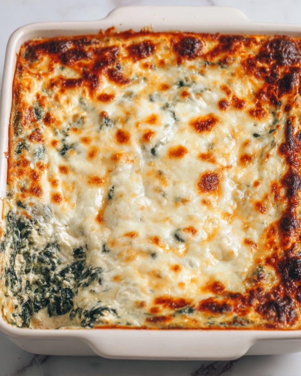 A square white baking dish filled with a lasagna-like layered dish. The top layer is melted cheese that is golden brown in spots and creamy white in others, with a slightly bubbly texture. Below the cheese, there appears to be a layer of cooked spinach mixed with a creamy white sauce that looks smooth and thick. The edges of the dish show hints of the spinach and sauce mixture peeking through, framed by the crisp, browned edges of the baked dish. The white marbled surface beneath contrasts softly with the warm colors of the dish. photo taken with an iphone --ar 4:5 --v 7