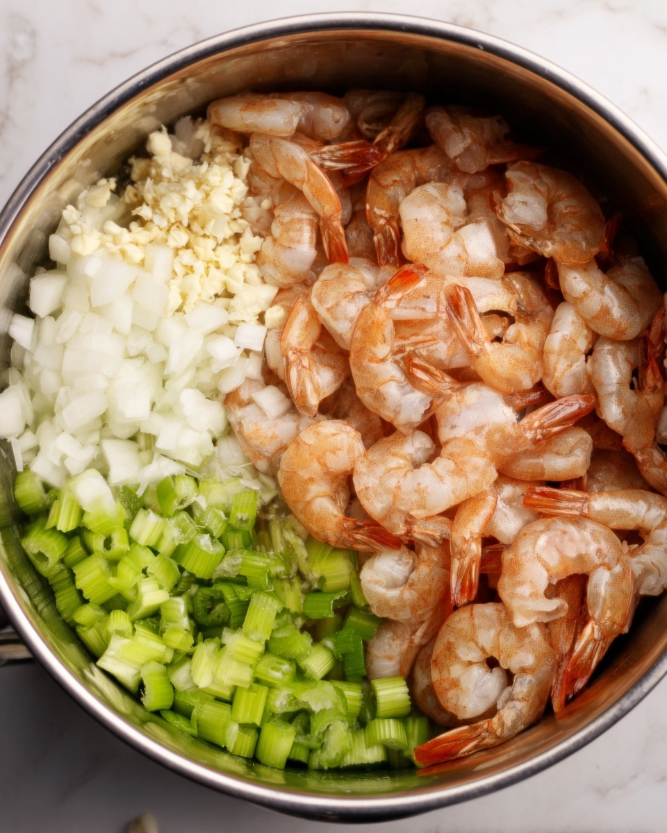 A metal pot filled with several layers of uncooked ingredients: on the right side, a large pile of raw shrimp with shells on, light orange and semi-transparent; on the left side, a heap of small white chopped onions; near the bottom left, finely chopped white garlic pieces; and across the bottom center and right, bright green chopped celery sticks. All ingredients sit neatly side by side on a white marbled surface. Photo taken with an iphone --ar 4:5 --v 7