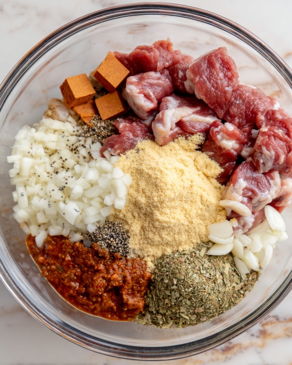 A clear glass bowl sits on a white marbled surface filled with various ingredients arranged separately in sections. There are raw red meat pieces with white fat near the top right, a pile of pale yellow powder near the top center, finely chopped white onions at the middle left, black pepper in a small pile near the center, a mound of dried herbs to the right of the pepper, reddish-brown sauce or paste at the bottom left, and a few reddish-brown spice squares at the top left corner. The ingredients create a colorful patchwork inside the bowl. photo taken with an iphone --ar 4:5 --v 7