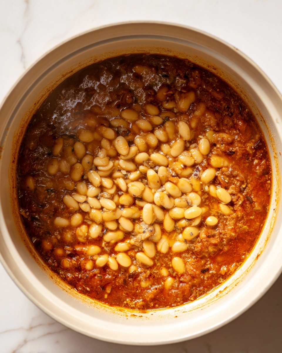 The image shows a white round pot filled with a stew-like dish. The base layer is a thick reddish-brown sauce with visible bits of cooked meat or vegetables, giving a rich and slightly oily texture. On top, there is a generous layer of pale yellow beans, scattered evenly across the surface, partially submerged in the sauce. The pot sits on a white marbled surface, with no other objects around. The lighting is natural and bright, highlighting the warm colors and textures of the dish. Photo taken with an iphone --ar 4:5 --v 7