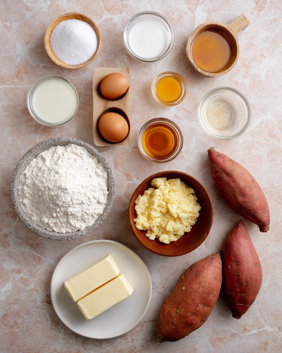 The image shows a white marbled surface with various ingredients arranged neatly on it. Three whole sweet potatoes with reddish-brown skins are near the top right. Nearby are small glass jars and bowls with liquids in shades of white, light yellow, and golden brown. There are two brown eggs placed in a small wooden holder. In the center, a wooden bowl holds a yellow, crumbly ingredient. Below it, a white bowl contains white granulated sugar, and beside it is a small white plate with two pale yellow sticks of butter. To the left, there is a stone bowl filled with white flour. The overall look is clean and organized, showing raw ingredients ready for cooking. photo taken with an iphone --ar 4:5 --v 7