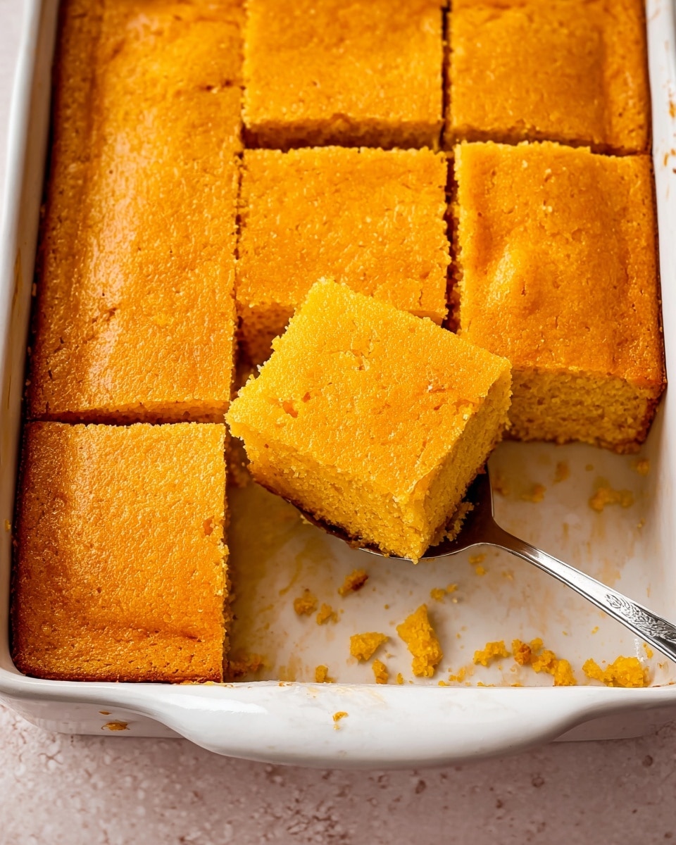 The image shows a white baking dish filled with nine square pieces of golden cornbread, with one piece being lifted slightly by a silver spoon from the bottom right area. The cornbread has a moist, crumbly texture with a smooth, slightly shiny top crust. The surface under the dish has a white marbled texture, and there are small crumbs scattered around the dish edges and inside it. The cornbread squares are evenly shaped and have a warm, rich orange color. Photo taken with an iphone --ar 4:5 --v 7