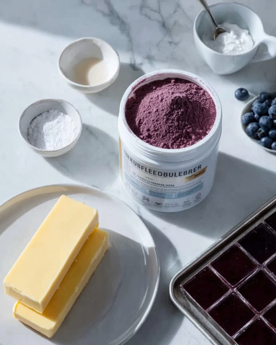 The image shows a white jar of blueberry powder placed on a white marbled surface, surrounded by several items. To the left of the jar is a white plate with two sticks of yellow butter stacked on top of each other. Near the top left of the jar are two small white bowls, one containing a white powder and the other holding a dark purple sauce. To the top right, a silver tray with rows of square burgundy-colored pieces, possibly fruit or jelly, is visible. The whole setup is softly lit with natural light, creating a clean and minimal look. Photo taken with an iphone --ar 4:5 --v 7