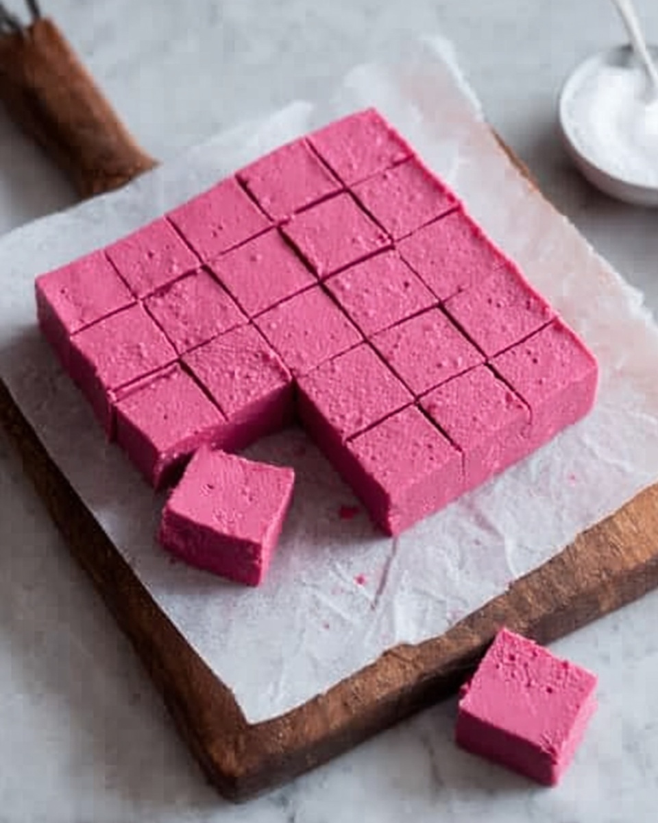 A block of bright pink square fudge sits on white baking paper on a wooden board. The fudge is cut into a grid with neat square pieces, with two small squares taken out from the corner and placed next to the block. The texture looks smooth and dense with small air bubbles on top. The setup is on a white marbled surface with soft natural light. photo taken with an iphone --ar 4:5 --v 7